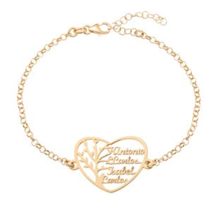 Pulsera Corazón Personalizable Plata de Ley 925 Árbol de la Vida con nombres bañado Oro