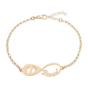 PULSERA INFINITO DE PIES DE BEBÉ CON NOMBRES PERSONALIZADOS PLATA DE LEY 925 BAÑADO EN ORO